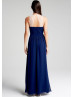 Royal Blue Chiffon Beads Jewel Neckline Keyhole Back Long Prom Dress 